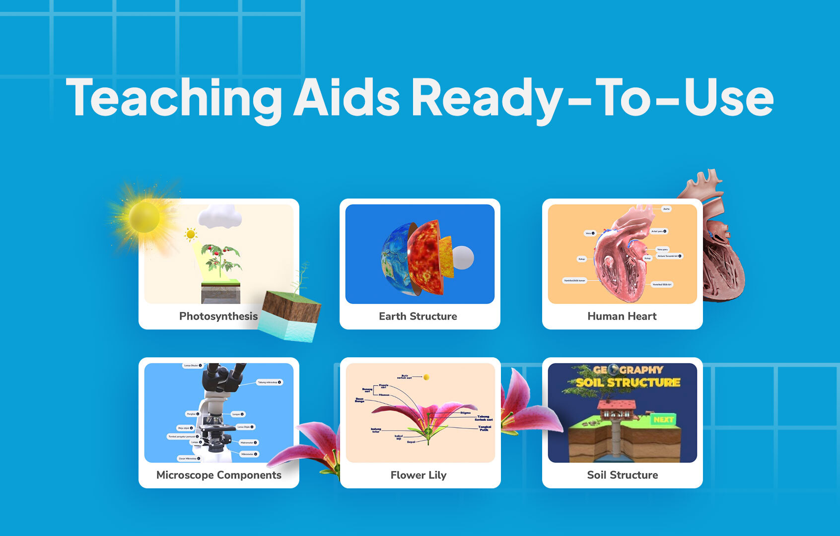 Graphic demonstrating the use of 3D teaching aids in Assemblr EDU, showcasing how educators can integrate interactive 3D models into their lessons